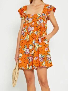 Kourt EUC Orange Tropical Fruit Linen Blend Dress Small